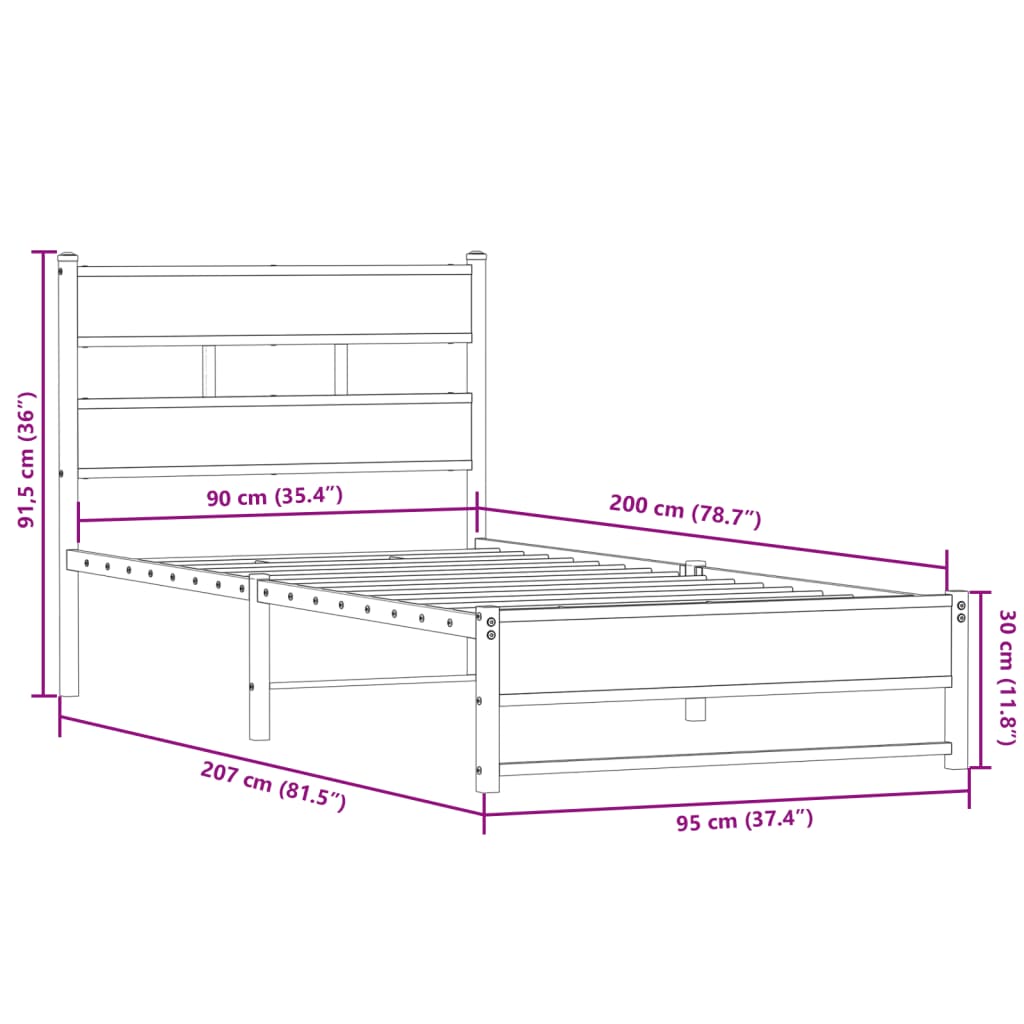 Cadre de lit en métal sans matelas chêne fumé 90x200 cm - XIOS