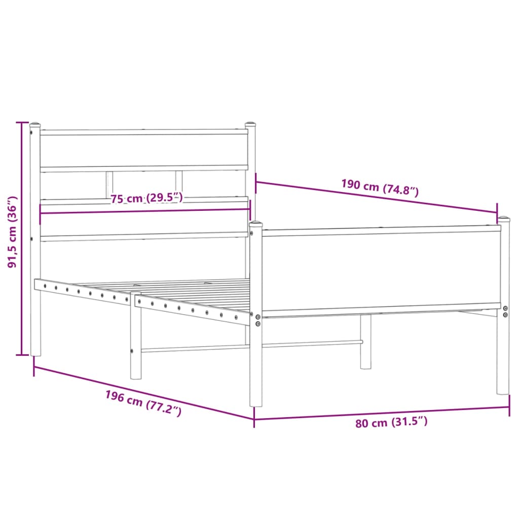 Cadre de lit sans matelas chêne fumé 75x190cm bois d'ingénierie - XIOS