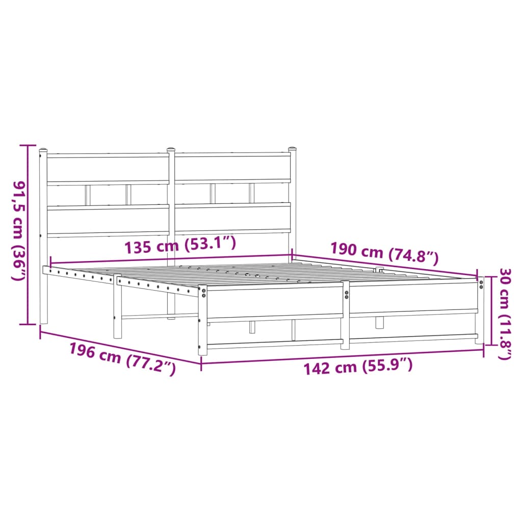 Cadre de lit en métal sans matelas chêne marron 135x190 cm - XIOS
