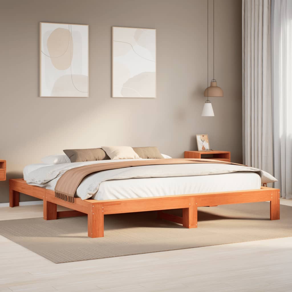 Cadre de lit sans matelas cire marron 200x200cm bois pin massif - XIOS