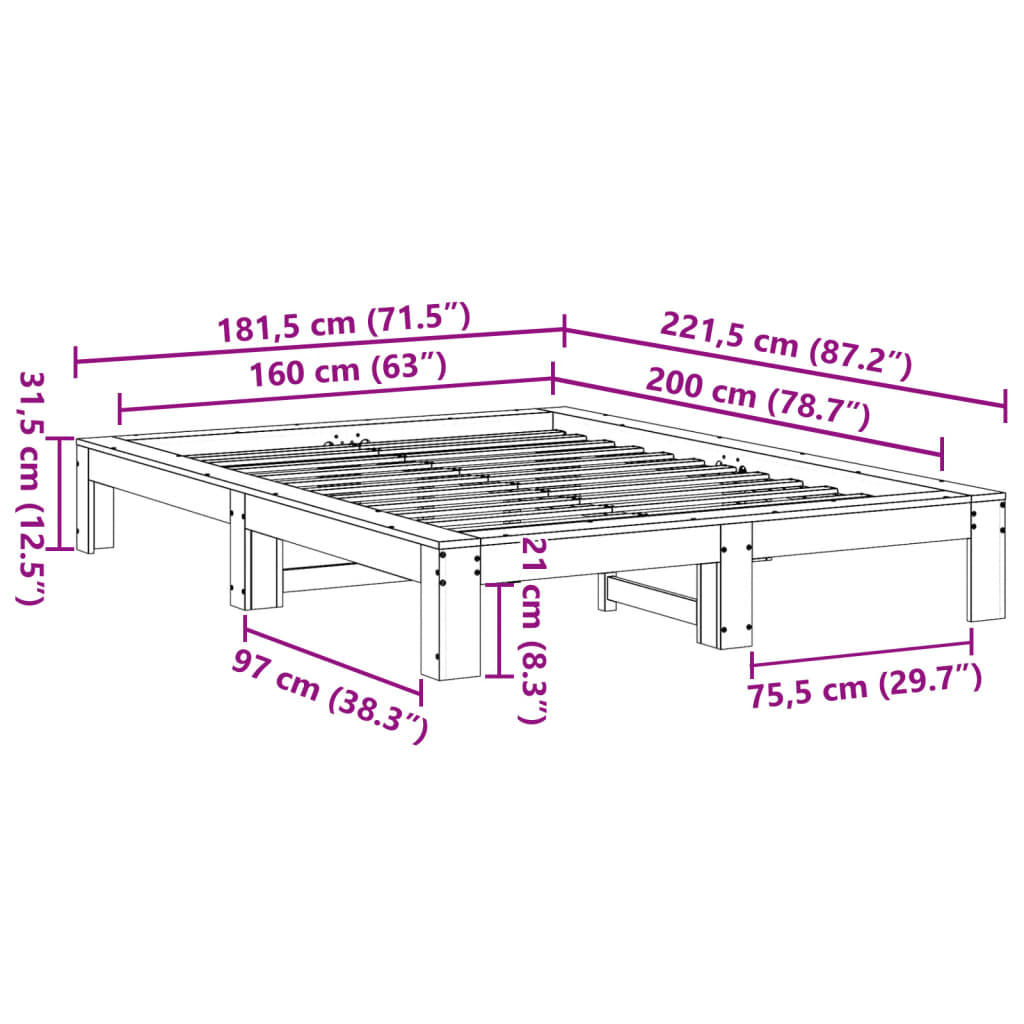 Cadre de lit sans matelas 160x200 cm bois massif de pin - XIOS