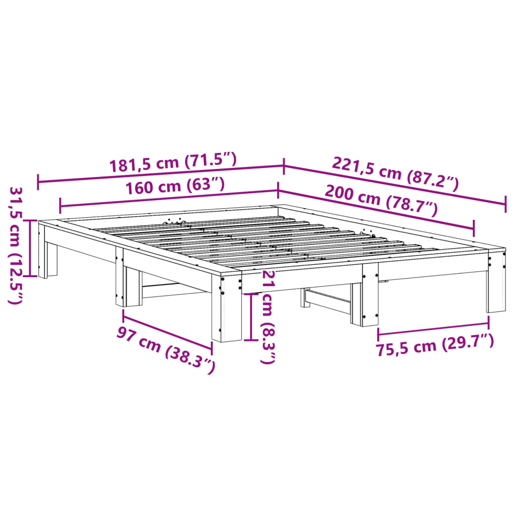 Cadre de lit sans matelas cire marron 160x200cm bois pin massif - XIOS