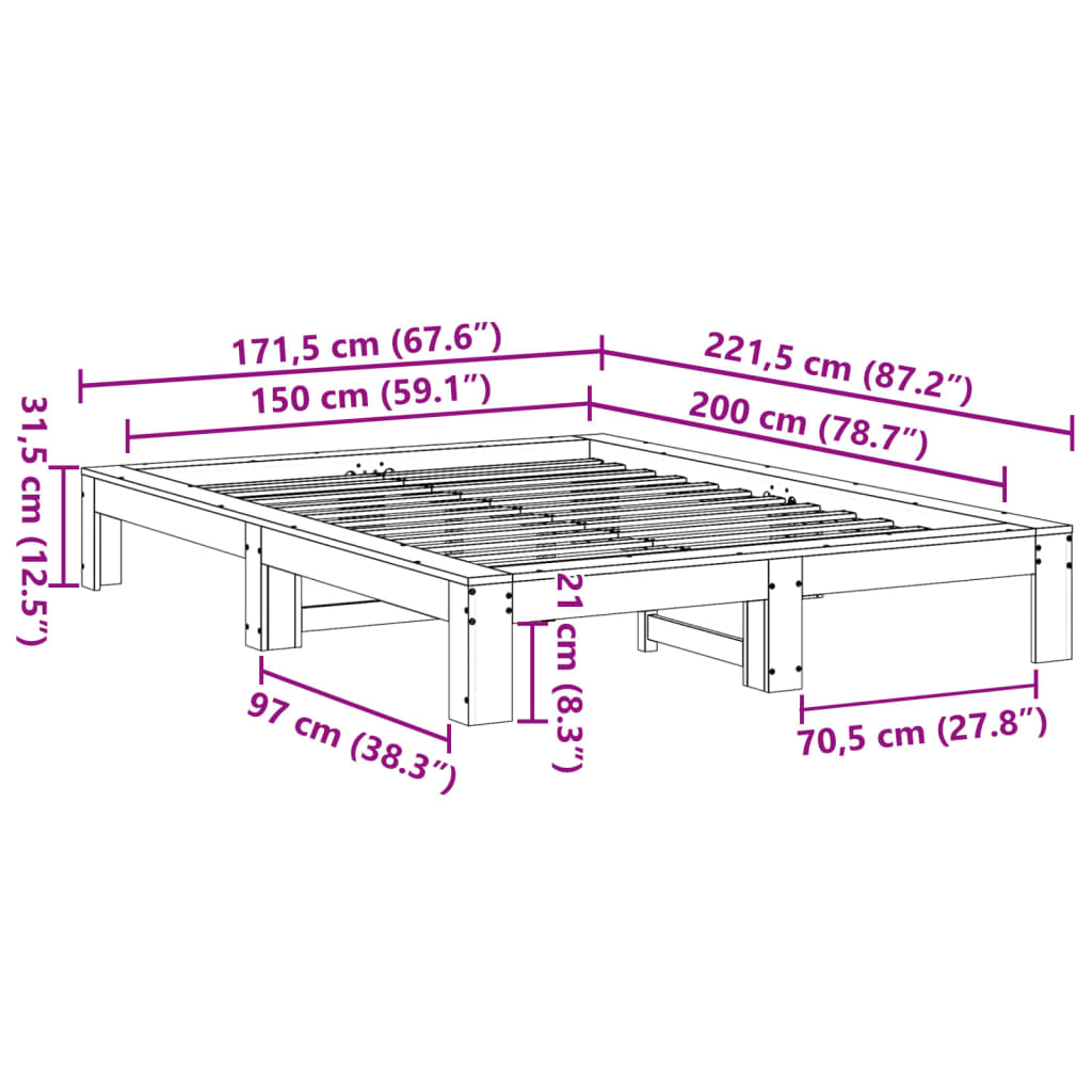 Cadre de lit sans matelas 150x200 cm bois de pin massif - XIOS