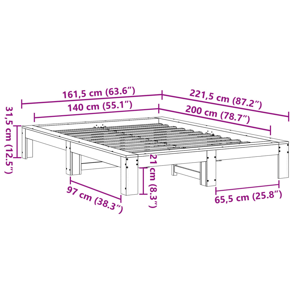 Cadre de lit sans matelas blanc 140x200 cm bois de pin massif - XIOS