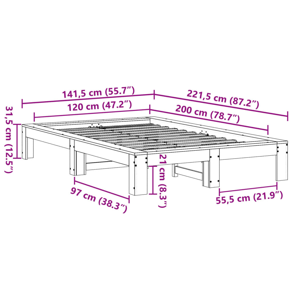 Cadre de lit sans matelas cire marron 120x200cm bois pin massif - XIOS