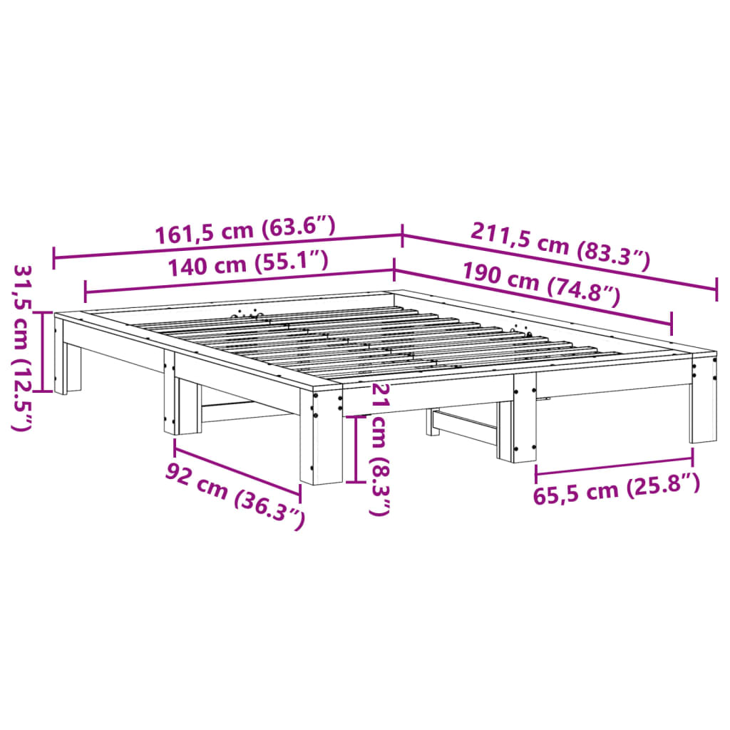 Cadre de lit sans matelas blanc 140x190 cm bois de pin massif - XIOS