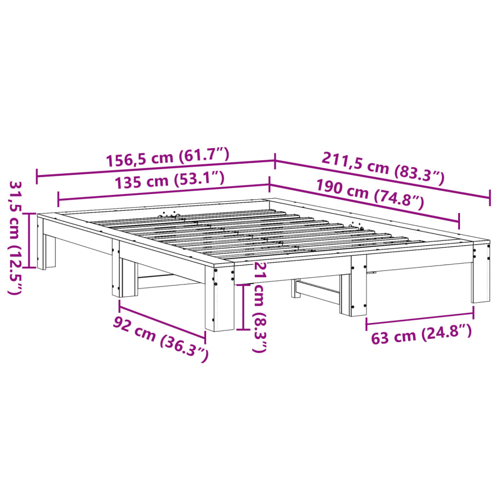 Cadre de lit sans matelas cire marron 135x190cm bois pin massif - XIOS