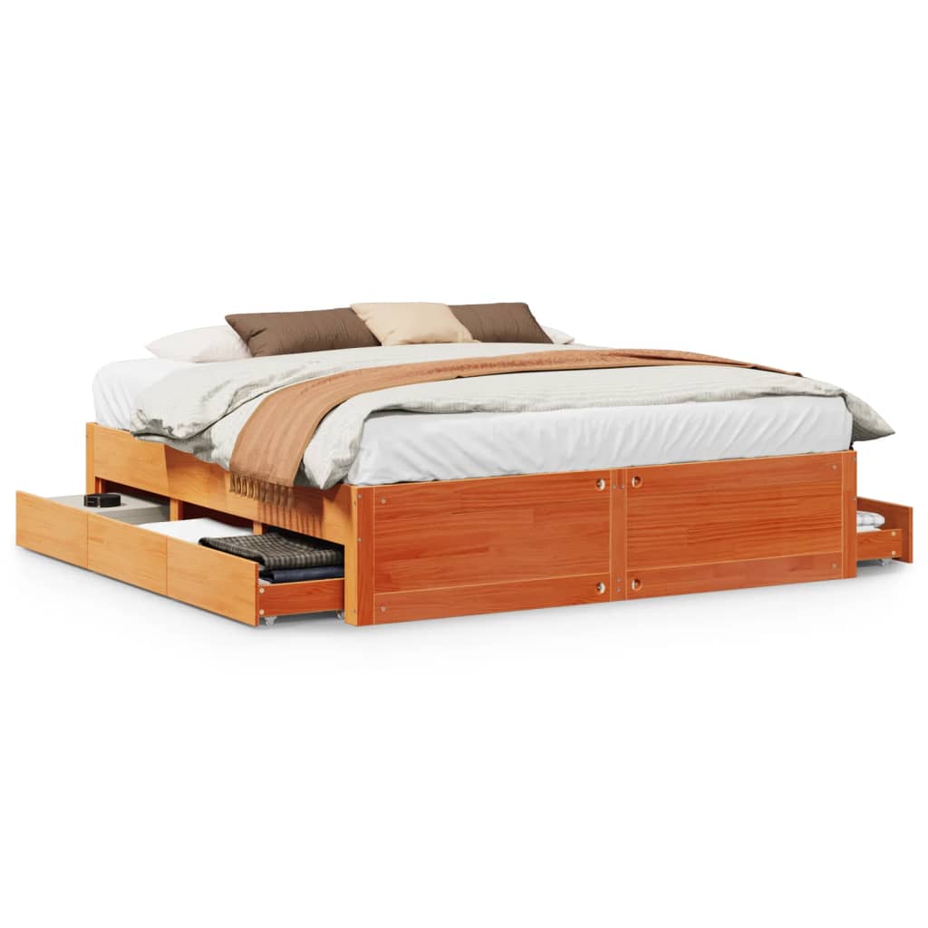 Cadre de lit sans matelas avec tiroirs brun cire 180x200 cm pin - XIOS