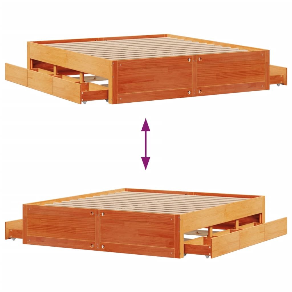 Cadre de lit sans matelas avec tiroirs brun cire 180x200 cm pin - XIOS