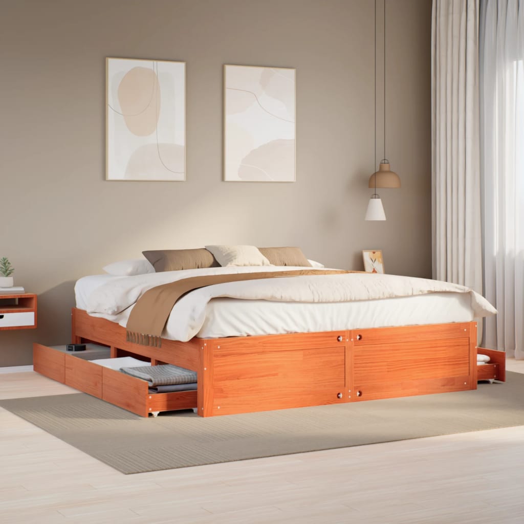 Cadre de lit sans matelas avec tiroirs brun cire 180x200 cm pin - XIOS