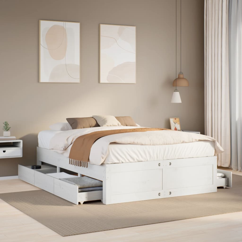 Cadre de lit sans matelas avec tiroirs blanc 160x200cm bois pin - XIOS
