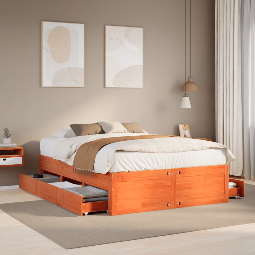 Cadre de lit sans matelas avec tiroirs brun cire 160x200 cm pin - XIOS