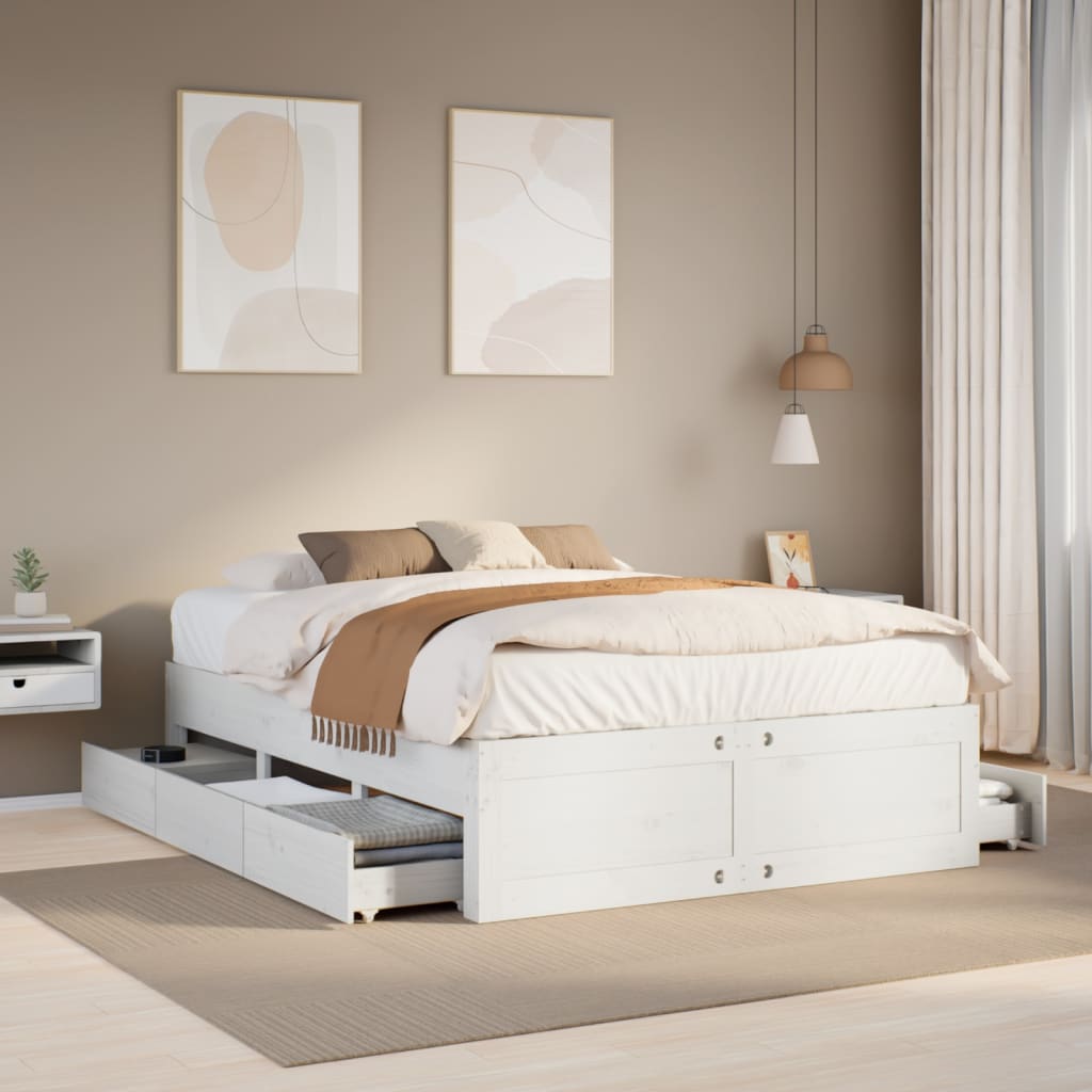 Cadre de lit sans matelas avec tiroirs blanc 150x200 cm pin - XIOS