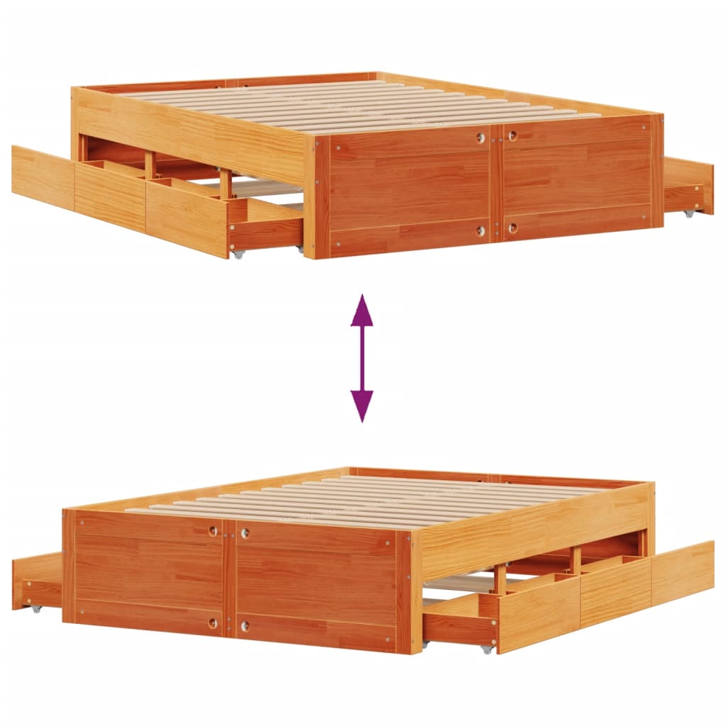 Cadre de lit sans matelas avec tiroirs brun cire 150x200 cm pin - XIOS