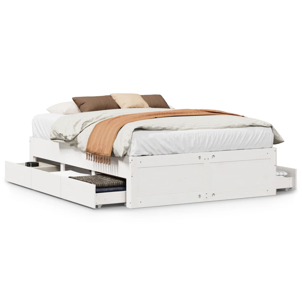 Cadre de lit sans matelas avec tiroirs blanc 140x200cm bois pin - XIOS