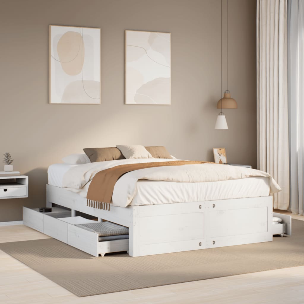 Cadre de lit sans matelas avec tiroirs blanc 140x200cm bois pin - XIOS