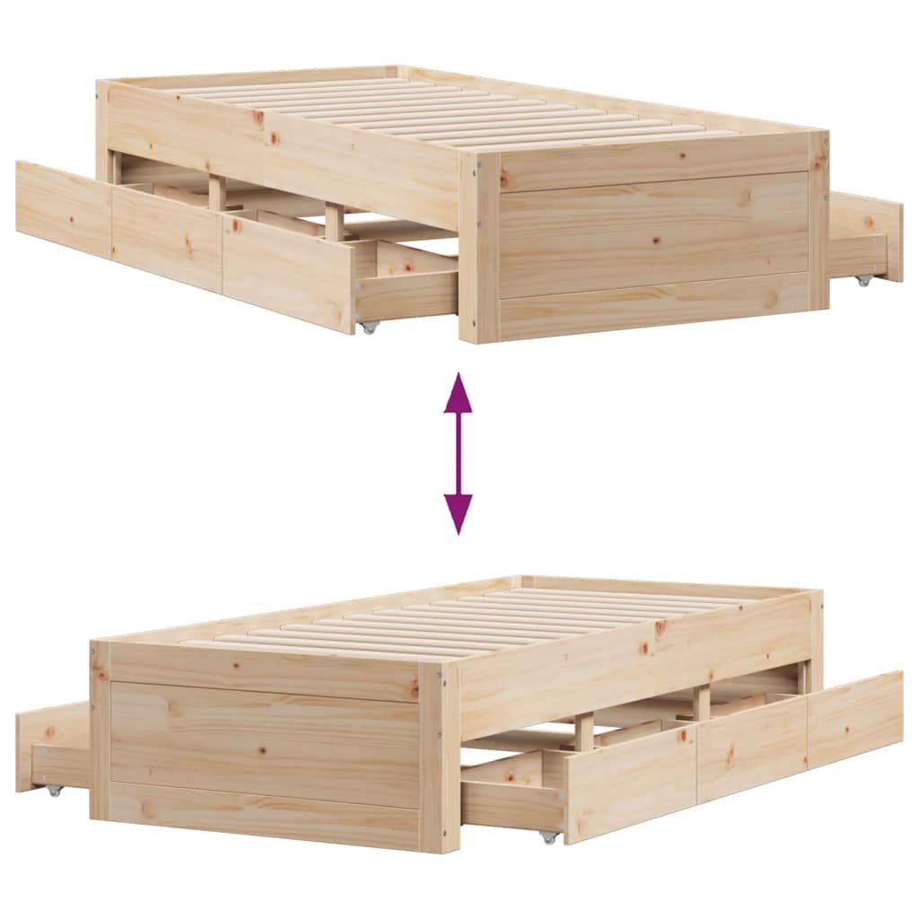 Cadre de lit sans matelas avec tiroirs 75x190 cm bois de pin - XIOS