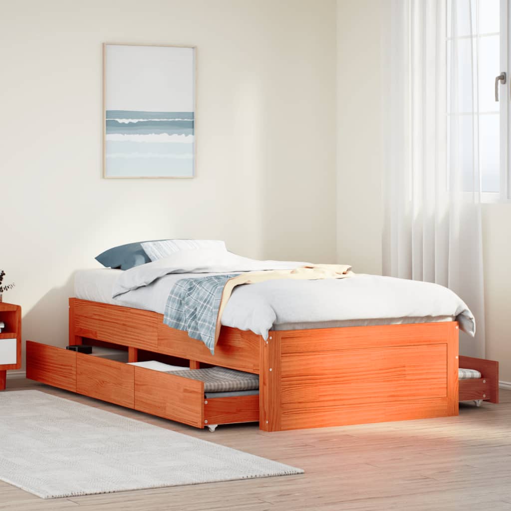 Cadre de lit sans matelas avec tiroirs 75x190cm bois pin massif - XIOS