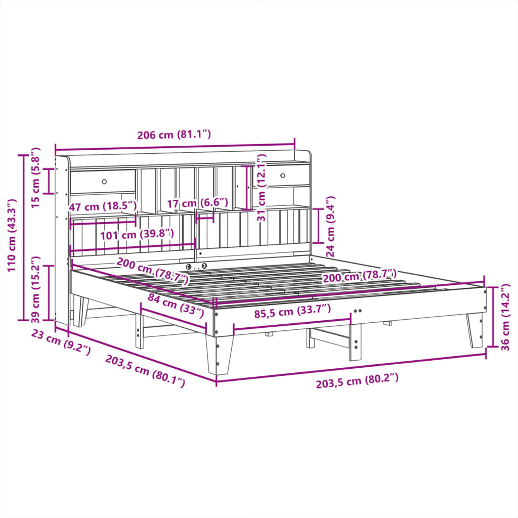 Cadre de lit sans matelas cire marron 200x200cm bois pin massif - XIOS