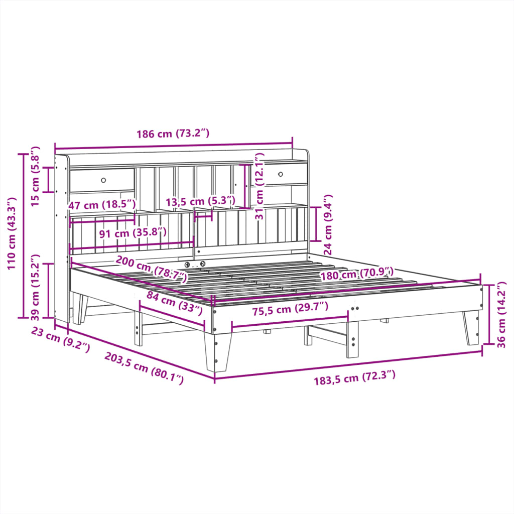 Cadre de lit sans matelas cire marron 180x200cm bois pin massif - XIOS
