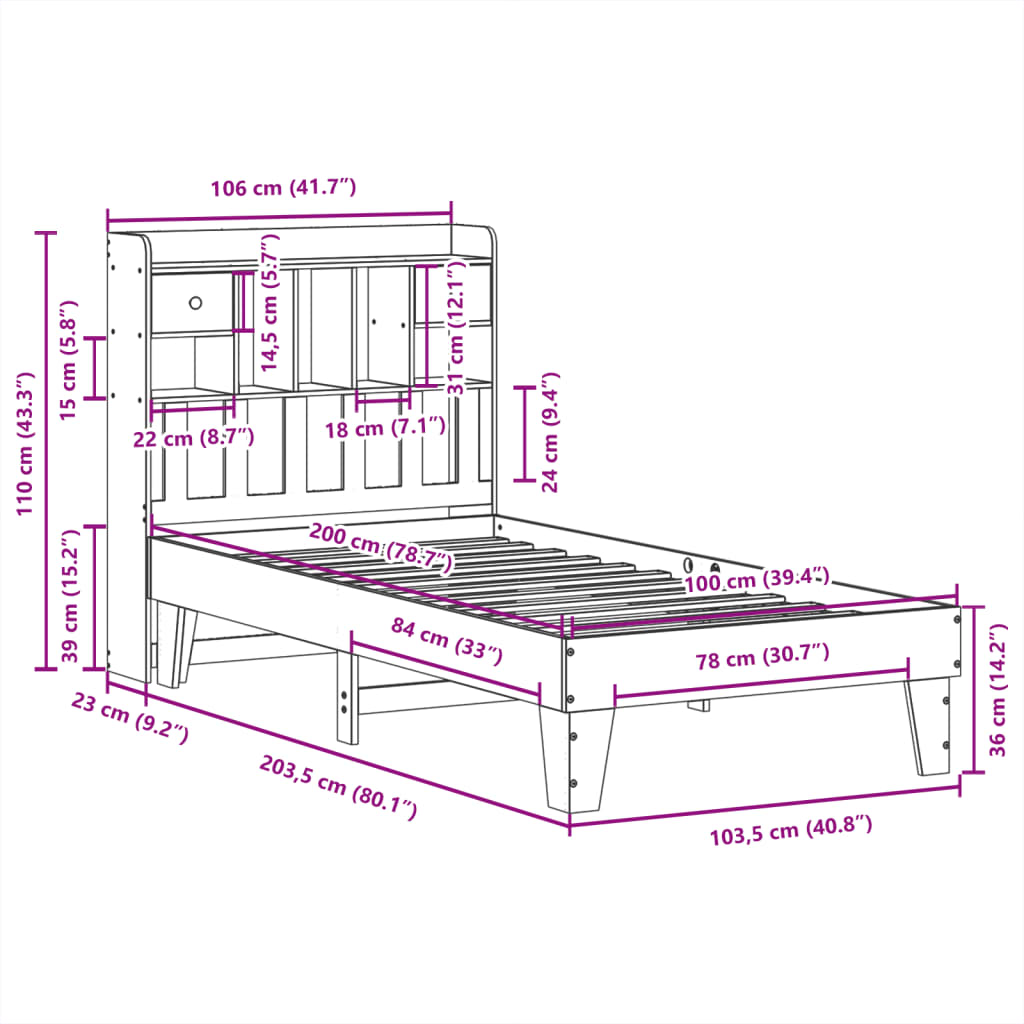 Cadre de lit sans matelas cire marron 100x200cm bois pin massif - XIOS