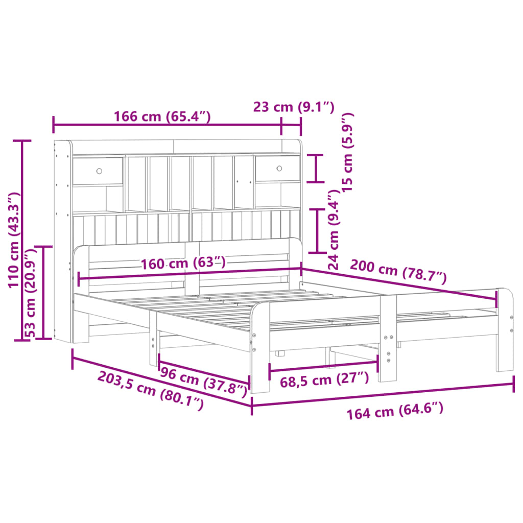 Lit bibliothèque sans matelas cire marron 160x200 cm pin massif - XIOS