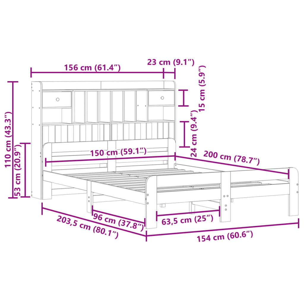 Lit bibliothèque sans matelas cire marron 150x200 cm pin massif - XIOS