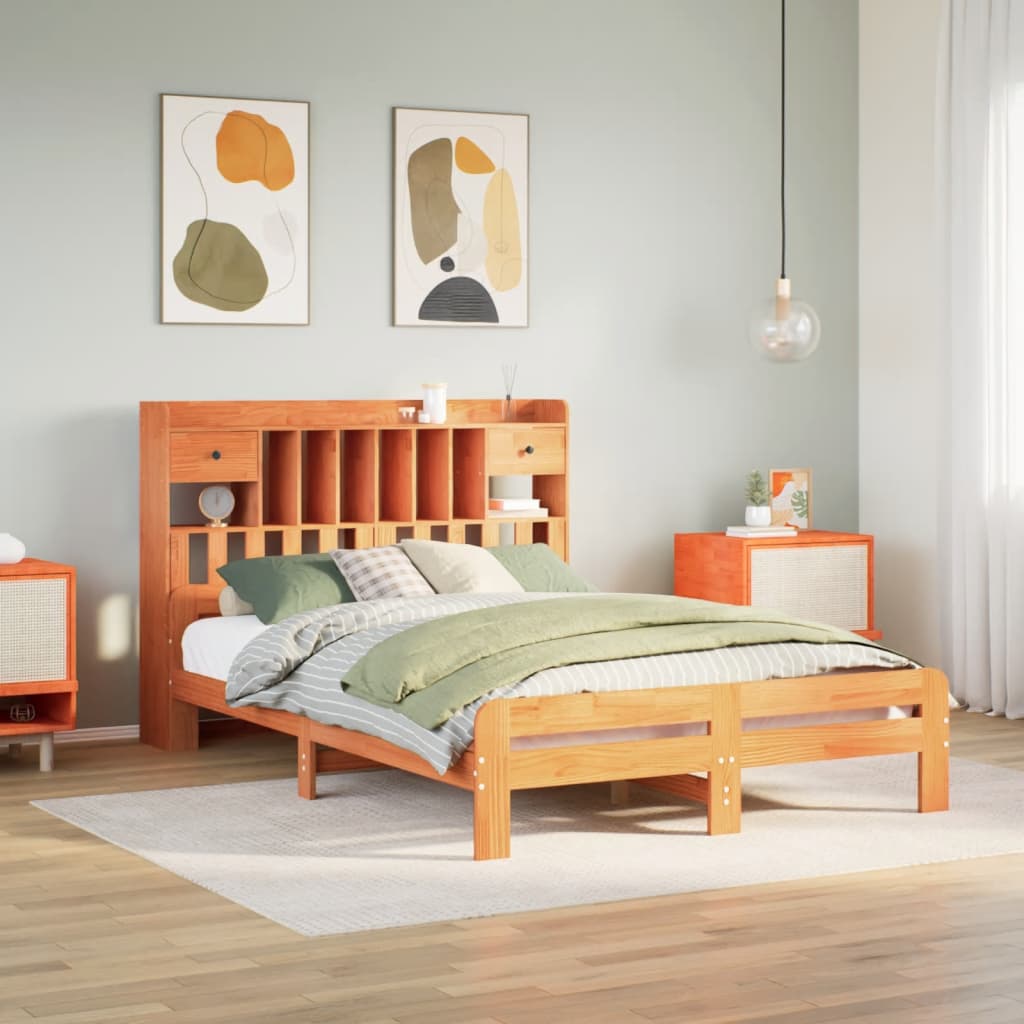 Lit bibliothèque sans matelas cire marron 150x200 cm pin massif - XIOS