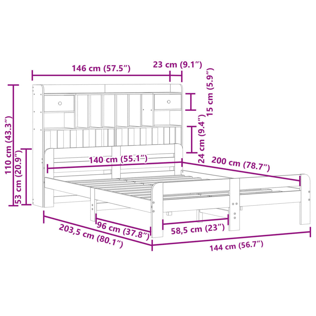 Lit bibliothèque sans matelas cire marron 140x200 cm pin massif - XIOS