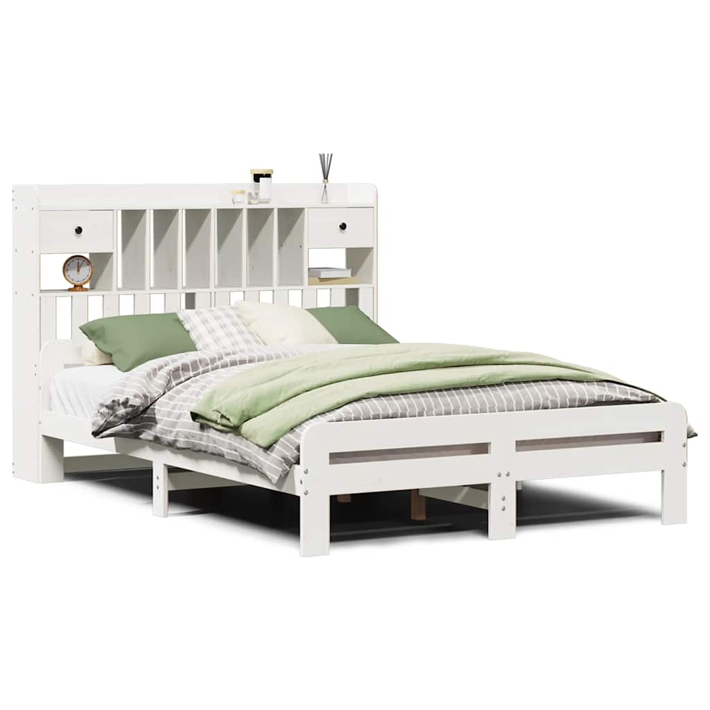 Lit bibliothèque sans matelas blanc 140x190 cm bois pin massif - XIOS
