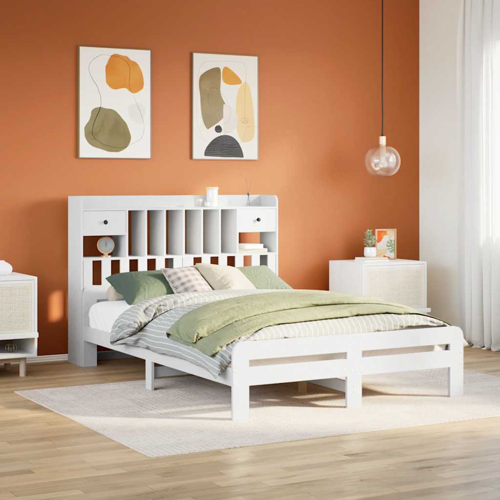 Lit bibliothèque sans matelas blanc 140x190 cm bois pin massif - XIOS