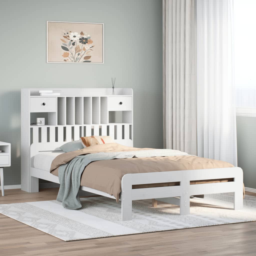 Lit bibliothèque sans matelas blanc 135x190 cm bois pin massif - XIOS