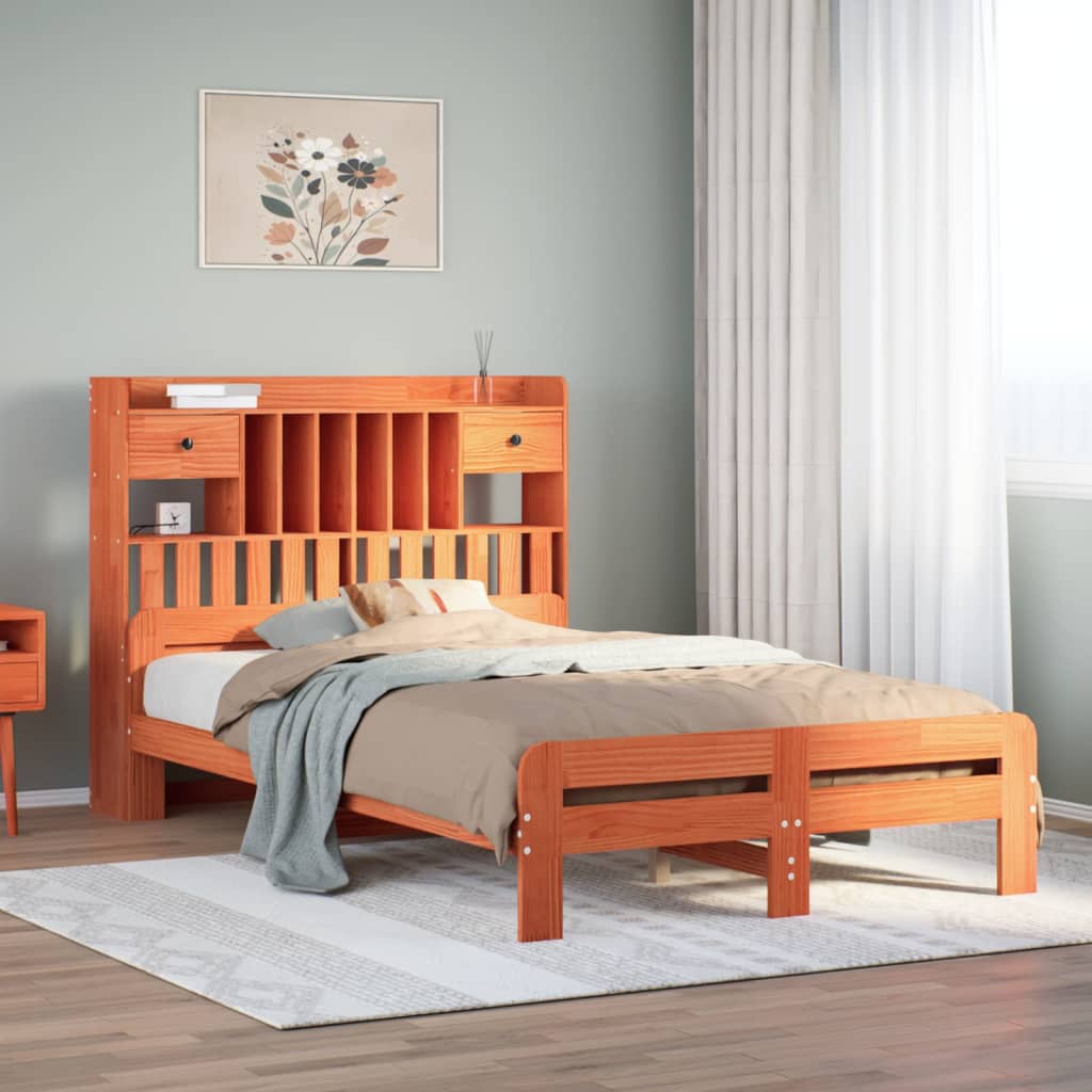 Lit bibliothèque sans matelas cire marron 135x190 cm pin massif - XIOS
