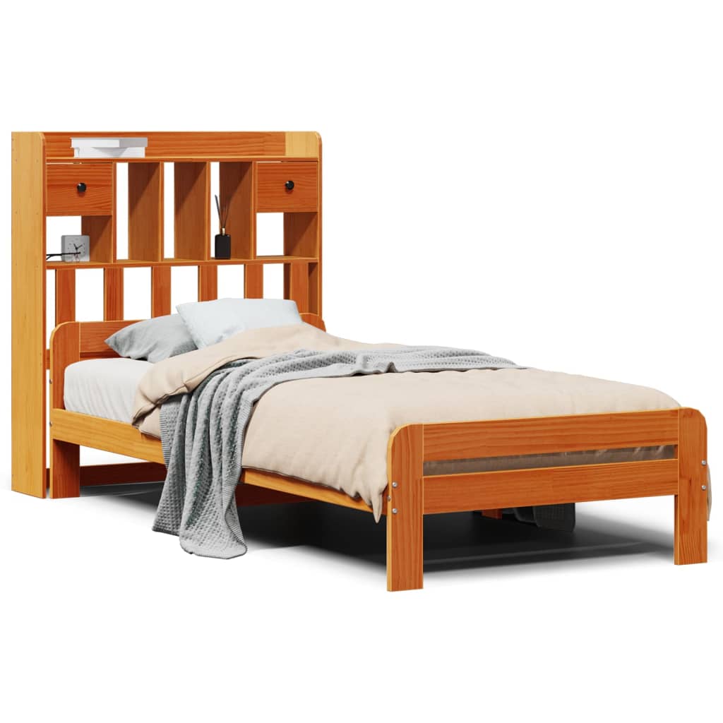 Lit bibliothèque sans matelas cire marron 75x190 cm pin massif - XIOS