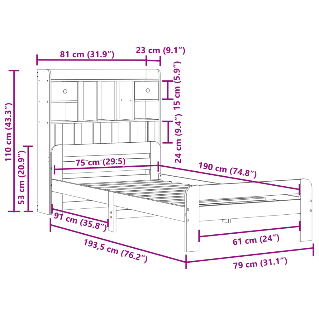 Lit bibliothèque sans matelas cire marron 75x190 cm pin massif - XIOS