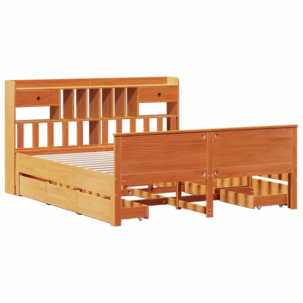 Lit bibliothèque sans matelas cire marron 200x200 cm pin massif - XIOS