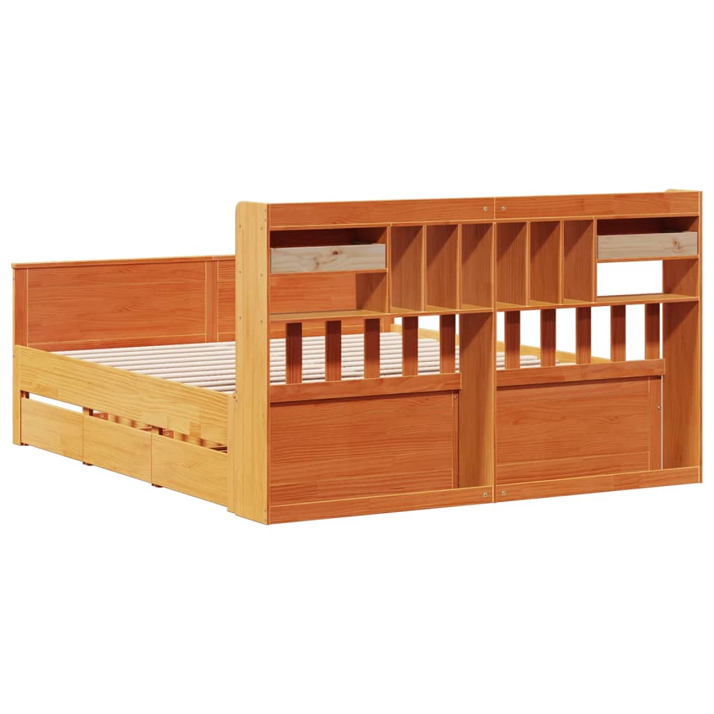 Lit bibliothèque sans matelas cire marron 200x200 cm pin massif - XIOS