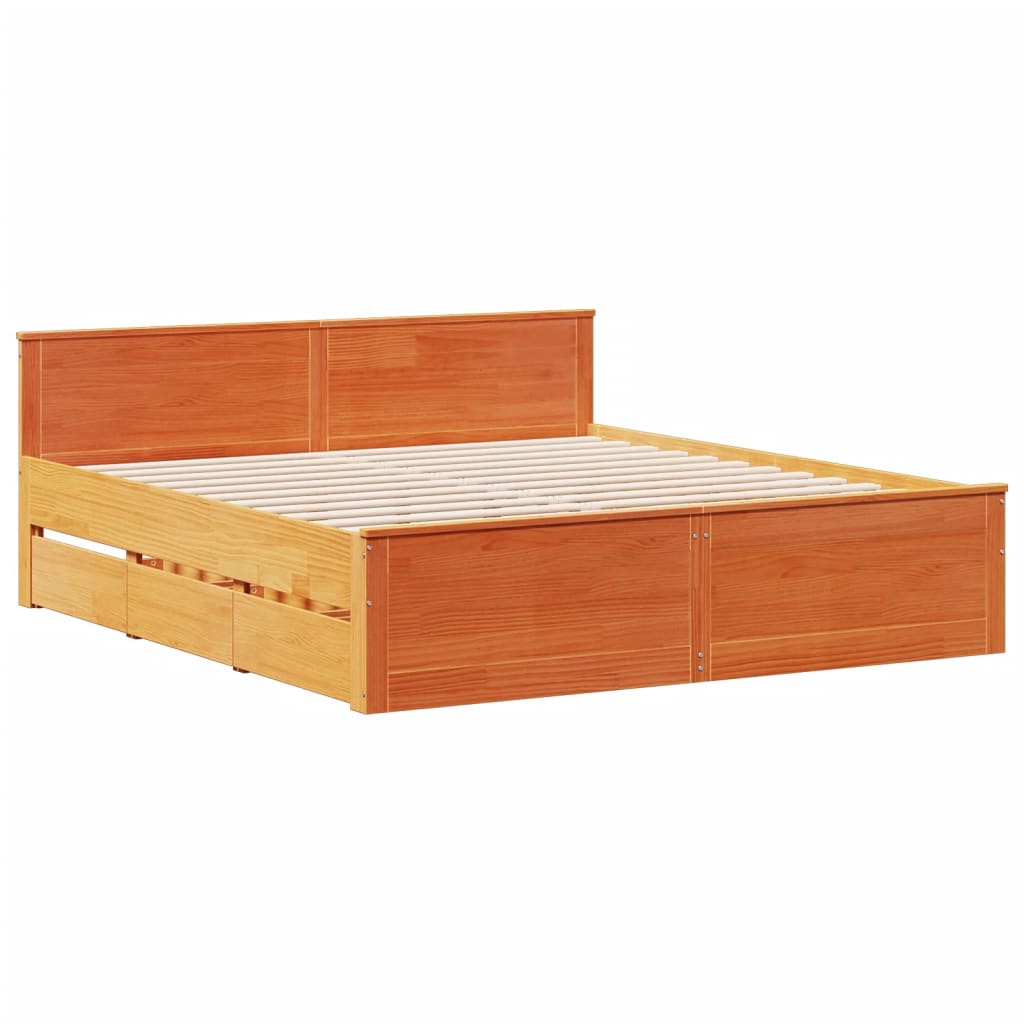 Lit bibliothèque sans matelas cire marron 200x200 cm pin massif - XIOS