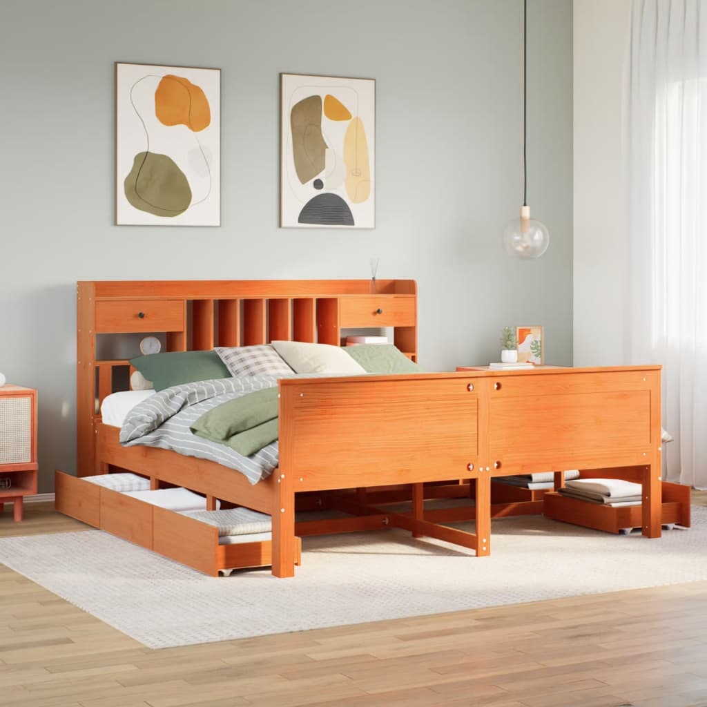 Lit bibliothèque sans matelas cire marron 200x200 cm pin massif - XIOS