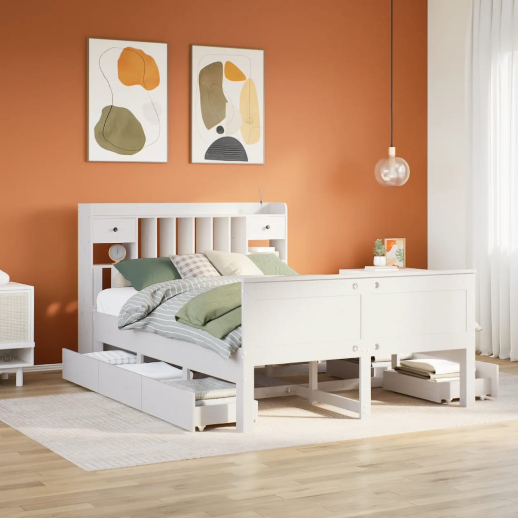 Lit bibliothèque sans matelas blanc 150x200 cm bois pin massif - XIOS