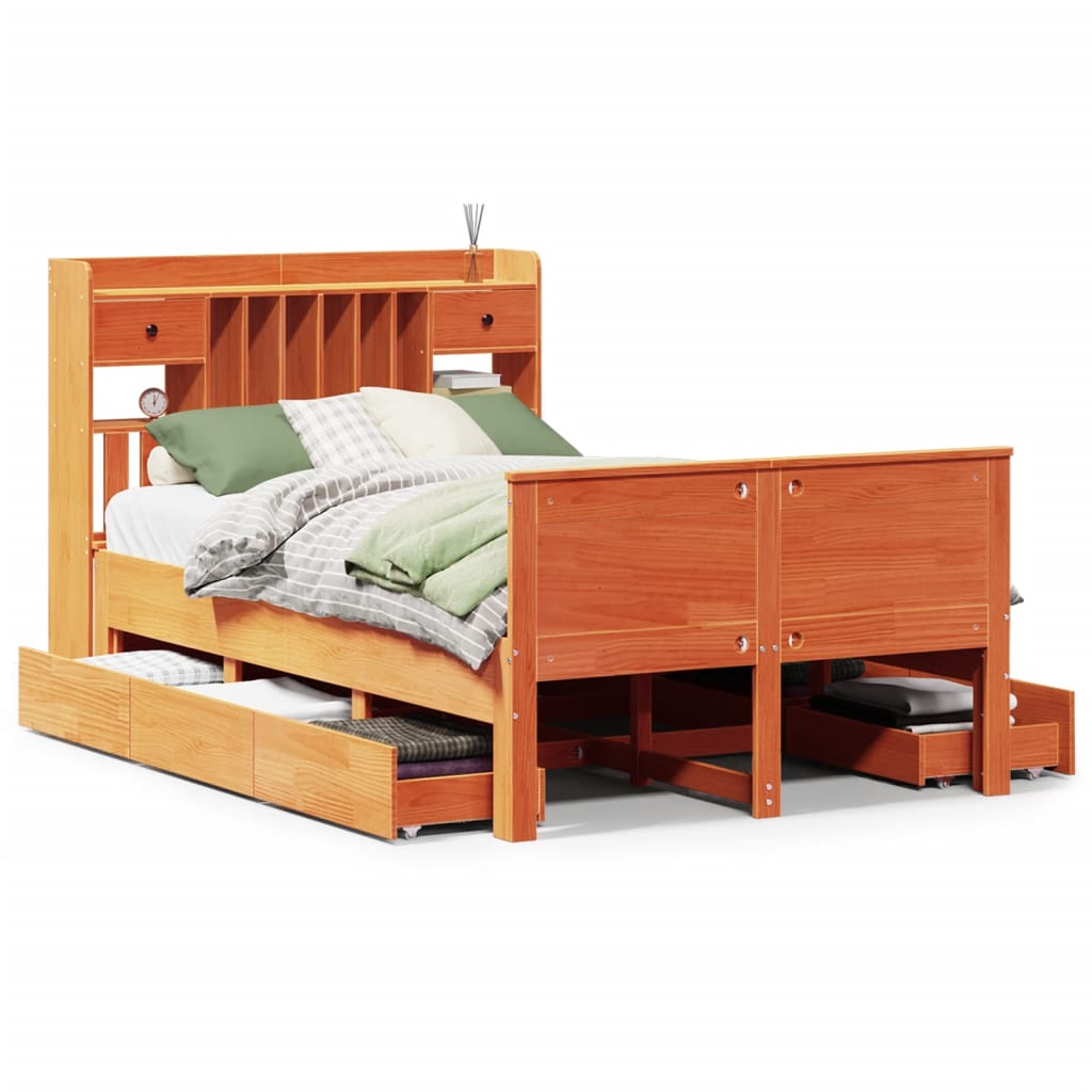 Lit bibliothèque sans matelas cire marron 135x190 cm pin massif - XIOS