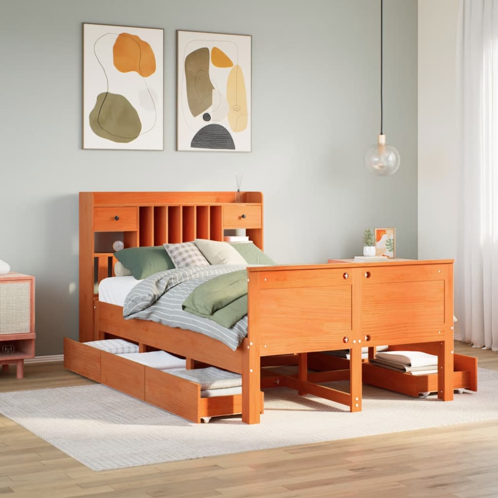 Lit bibliothèque sans matelas cire marron 135x190 cm pin massif - XIOS