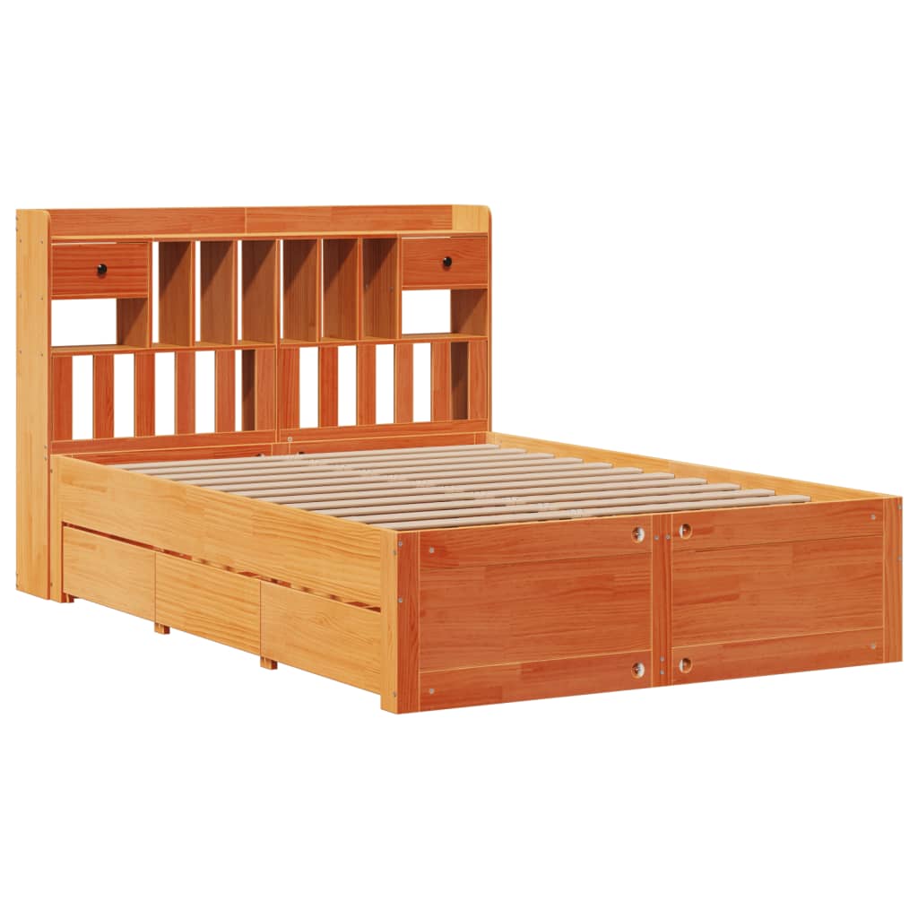 Lit bibliothèque sans matelas cire marron 150x200 cm pin massif - XIOS