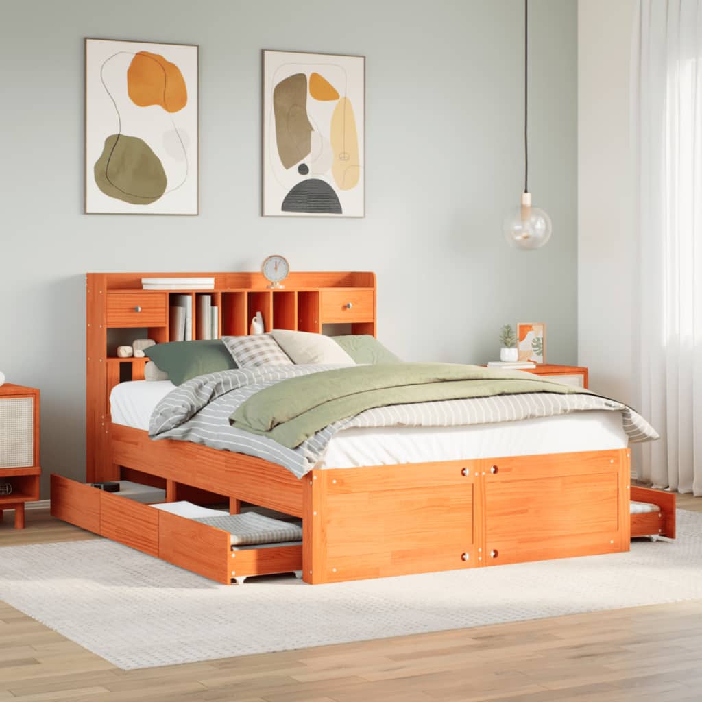 Lit bibliothèque sans matelas cire marron 150x200 cm pin massif - XIOS