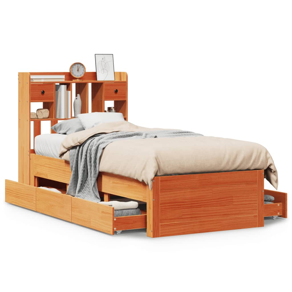 Lit bibliothèque sans matelas cire marron 100x200 cm pin massif - XIOS