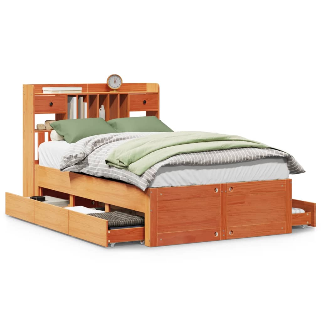 Lit bibliothèque sans matelas cire marron 135x190 cm pin massif - XIOS