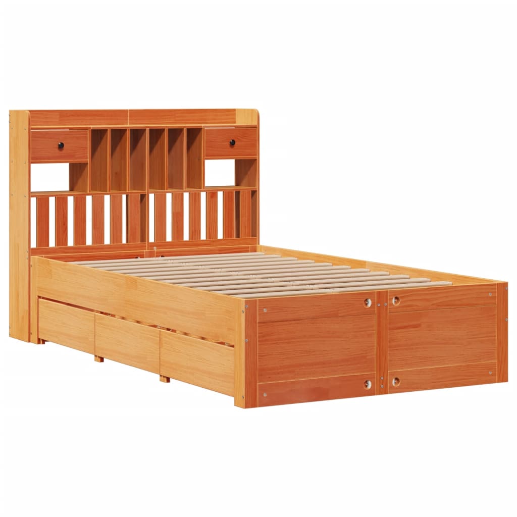 Lit bibliothèque sans matelas cire marron 135x190 cm pin massif - XIOS