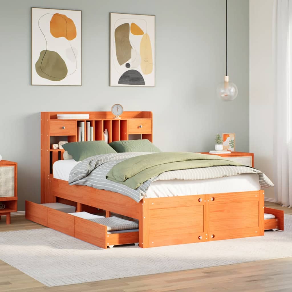 Lit bibliothèque sans matelas cire marron 135x190 cm pin massif - XIOS