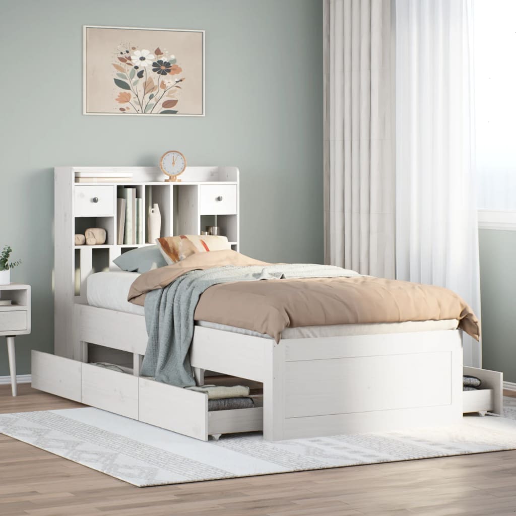 Lit bibliothèque sans matelas blanc 75x190cm bois de pin massif - XIOS