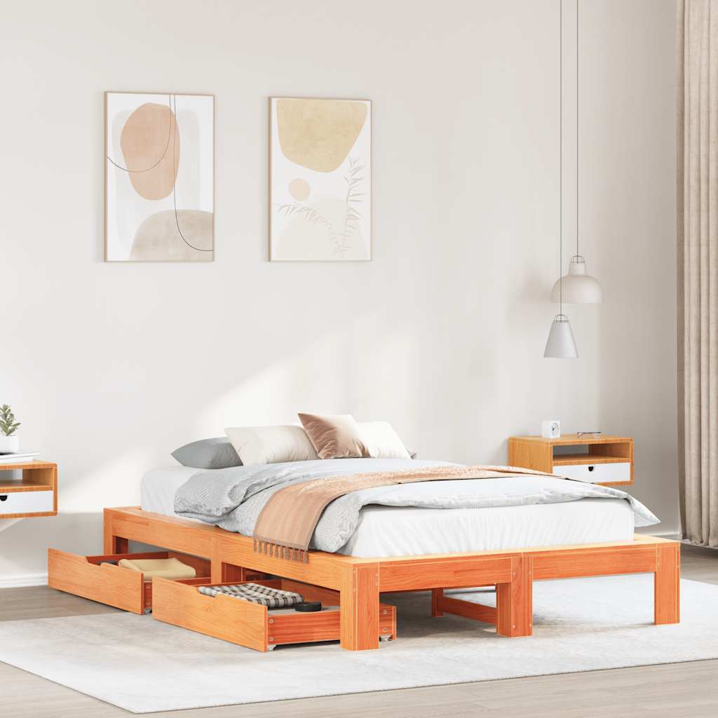Cadre de lit sans matelas cire marron 135x190cm bois pin massif - XIOS